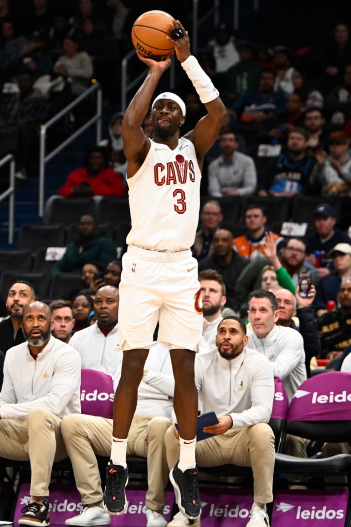 Feb 7, 2024; Washington, District of Columbia, USA; Cleveland Cavaliers guard Caris LeVert (3) shoots a three point shot /away from/ during the first half at Capital One Arena.